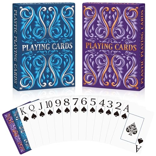 Wkchxd Playing Cards Plastic Playing Cards Waterproof Deck of Cards 2 Pack Large Print Playing Card for Seniors Adults Premium Poker Cards Set for Beach Pool Party Trip Camping Games Navy Blue Purple - Image 1