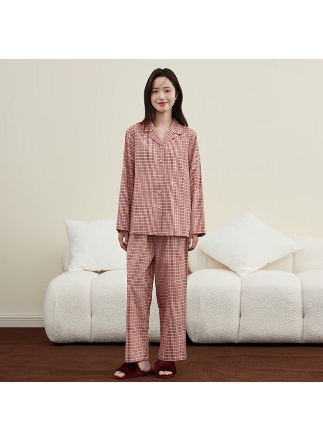 Dingguagua Top-notch Pajamas Spring And Summer Pure Cotton Woven Plaid Couple Wearable Comfortable Breathable Home Wear Set Pink Plaid 165