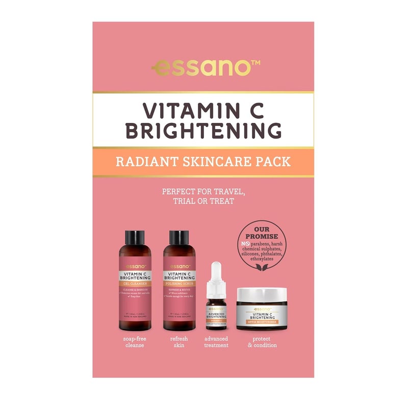 Essano Vitamin C Skin Care Set Radiant Skincare Pack with Gel Face Cleanser 40ml Exfoliating Face Scrub 40ml Facial Serum 3ml SPF15 Moisturizer 10g For Travel or Trial Cruelty Free