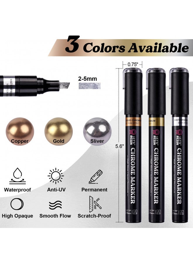 LET'S RESIN Liquid Mirror Chrome Metallic Markers, Reflective Gloss, 2-5mm Larger Application Area, 3 Colors Epoxy Resin Tools/Supplies for Coloring, Stroke, Painting, DIY Craft - Image 1