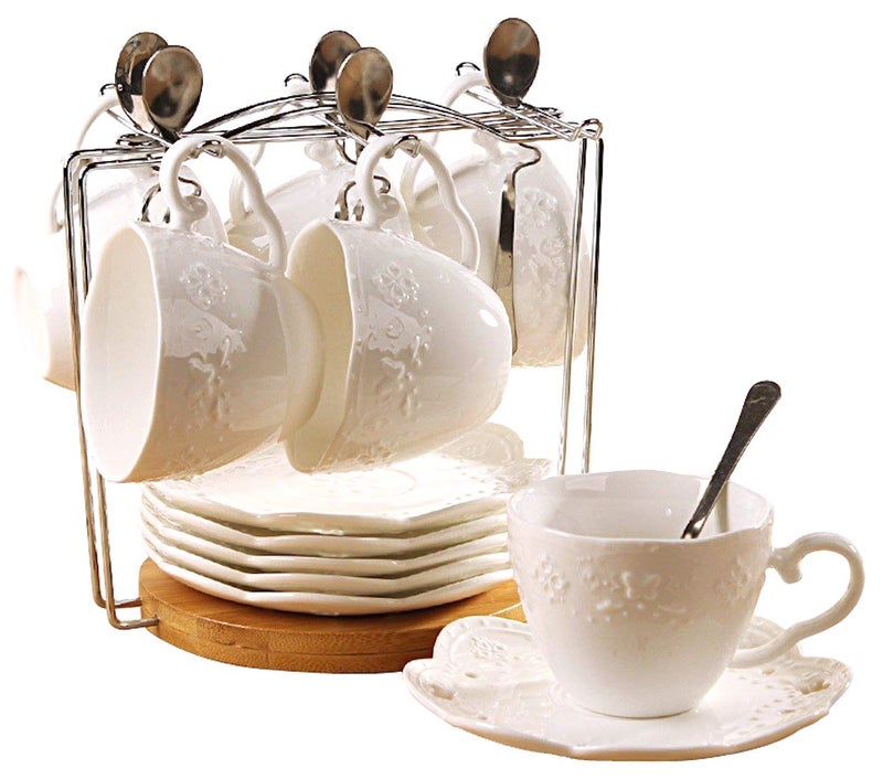 Jusalpha White Porcelain 5OZ Tea Cup and Saucer Coffee Cup Set with Saucer and Spoon Set of 6 6 Tea Cup Set With Bracket