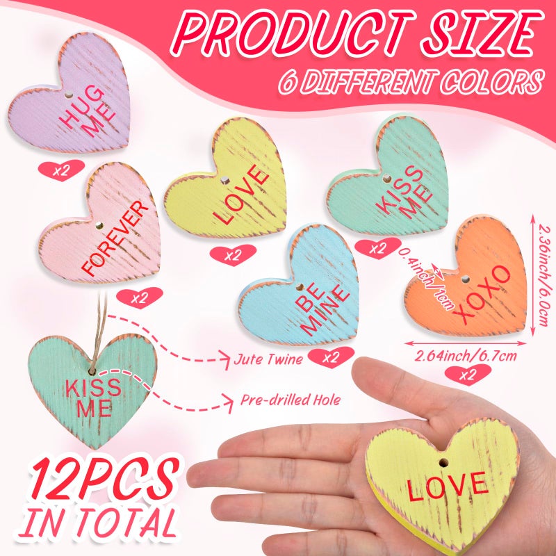 ChezMax Valentine's Tree Decorations Conversation Heart - 12pcs Vintage Small Wood Heart Valentine's Ornaments with Love Messages, Small Wooden Rustic Decor with Jute Twine Tree Topper, Hanging Craft Wedding - Image 2