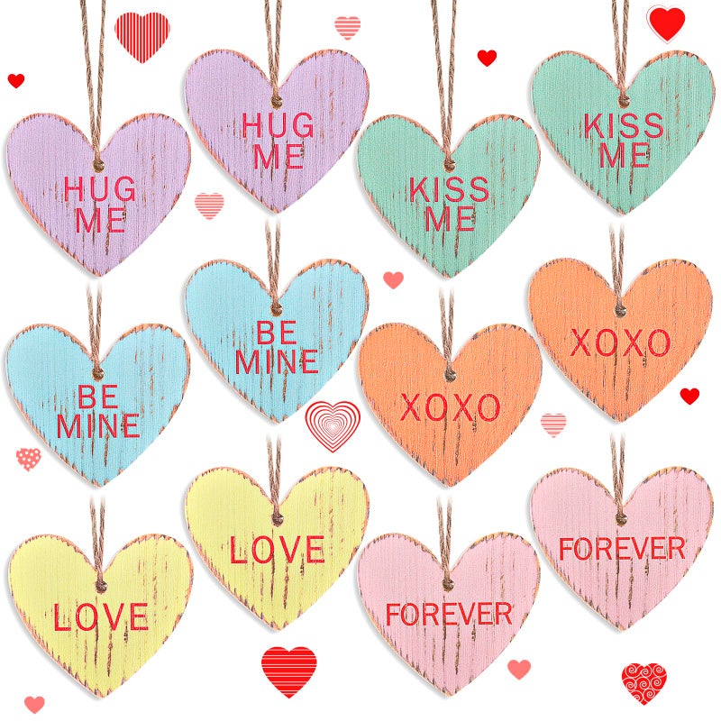 ChezMax Valentine's Tree Decorations Conversation Heart - 12pcs Vintage Small Wood Heart Valentine's Ornaments with Love Messages, Small Wooden Rustic Decor with Jute Twine Tree Topper, Hanging Craft Wedding - Image 1