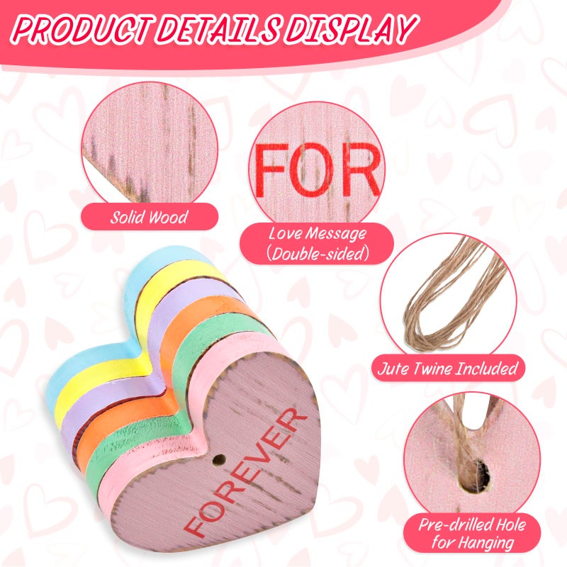ChezMax Valentine's Tree Decorations Conversation Heart - 12pcs Vintage Small Wood Heart Valentine's Ornaments with Love Messages, Small Wooden Rustic Decor with Jute Twine Tree Topper, Hanging Craft Wedding - Image 3