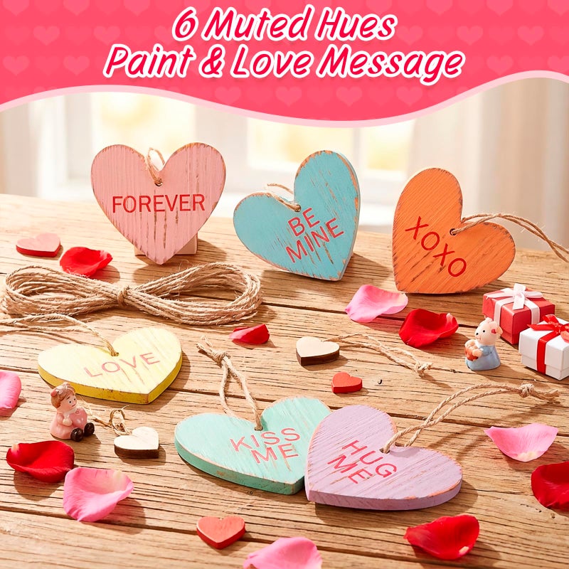 ChezMax Valentine's Tree Decorations Conversation Heart - 12pcs Vintage Small Wood Heart Valentine's Ornaments with Love Messages, Small Wooden Rustic Decor with Jute Twine Tree Topper, Hanging Craft Wedding - Image 5