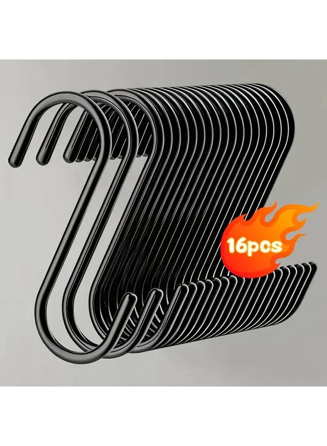 16pcs Black S Shaped Hooks Non Slip Heavy Duty Space Saving For Kitchen Wardrobe - Image 1