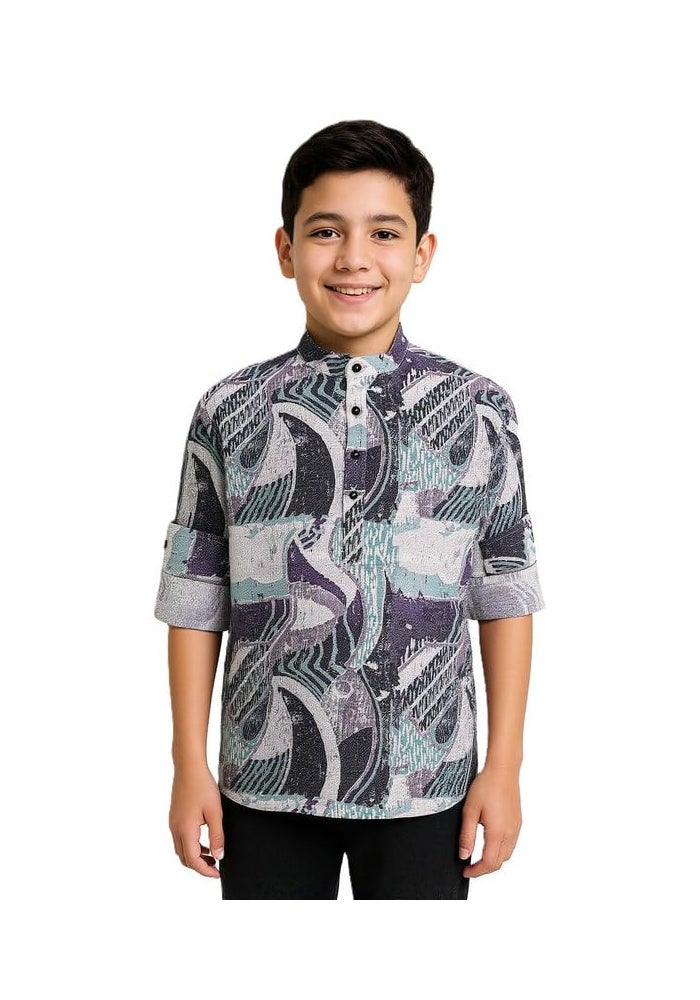 CAVIO Boys Cotton Full Sleeves Printed Short Kurta Shirt - Image 1