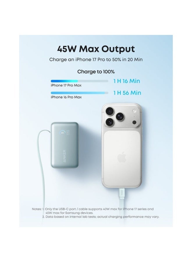 Anker Nano Power Bank, 10,000mAh Portable Charger with 2.3 ft InstaCord Retractable Cable, 45W Max, Smart Display, Green - Image 2