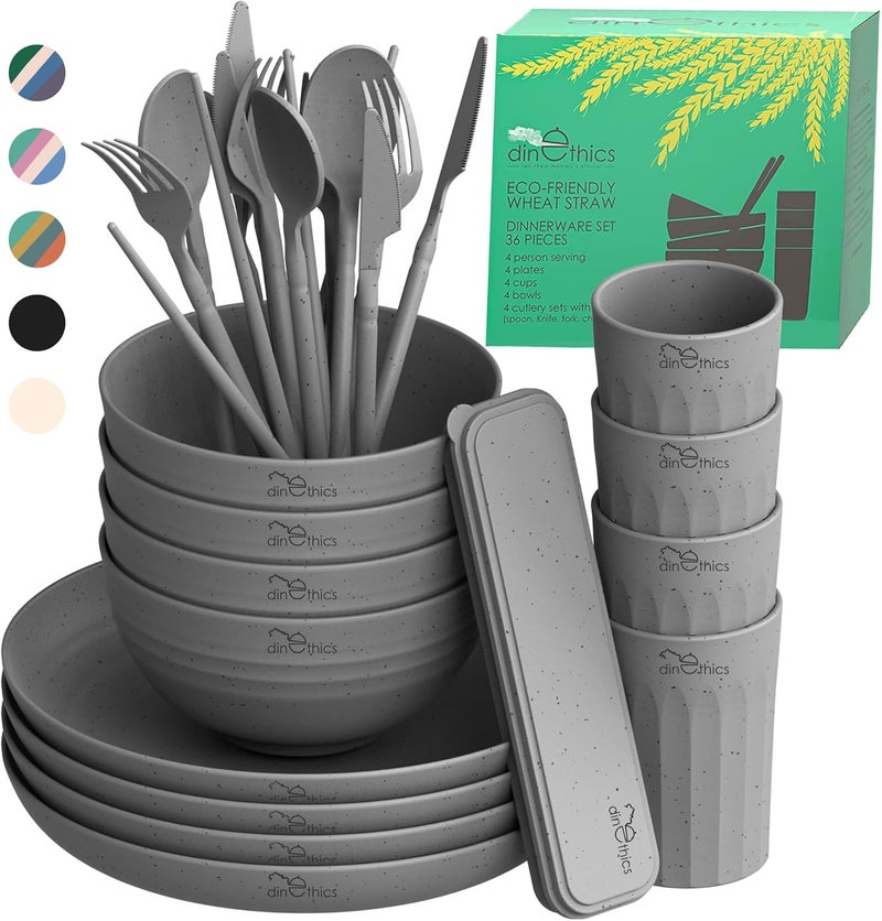 DINETHICS Wheatstraw Dinnerware Set For 4 - Dishwasher Microwave Plates For Heating Food - Unbreakable Wheat Straw Plates And Bowls sets - Replace Plastic Dinnerware Set - Camping Dishes Set - Image 1