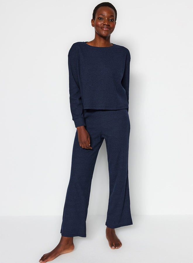trendyol Navy Blue Ribbed Knitted Pajamas Set THMAW21PT0009 - Image 4