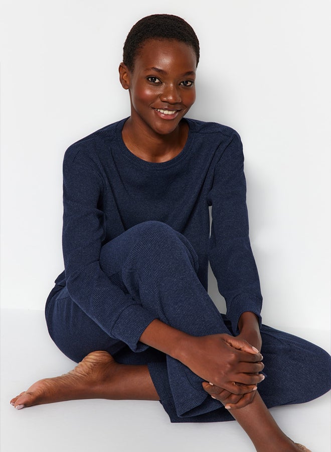 trendyol Navy Blue Ribbed Knitted Pajamas Set THMAW21PT0009 - Image 1