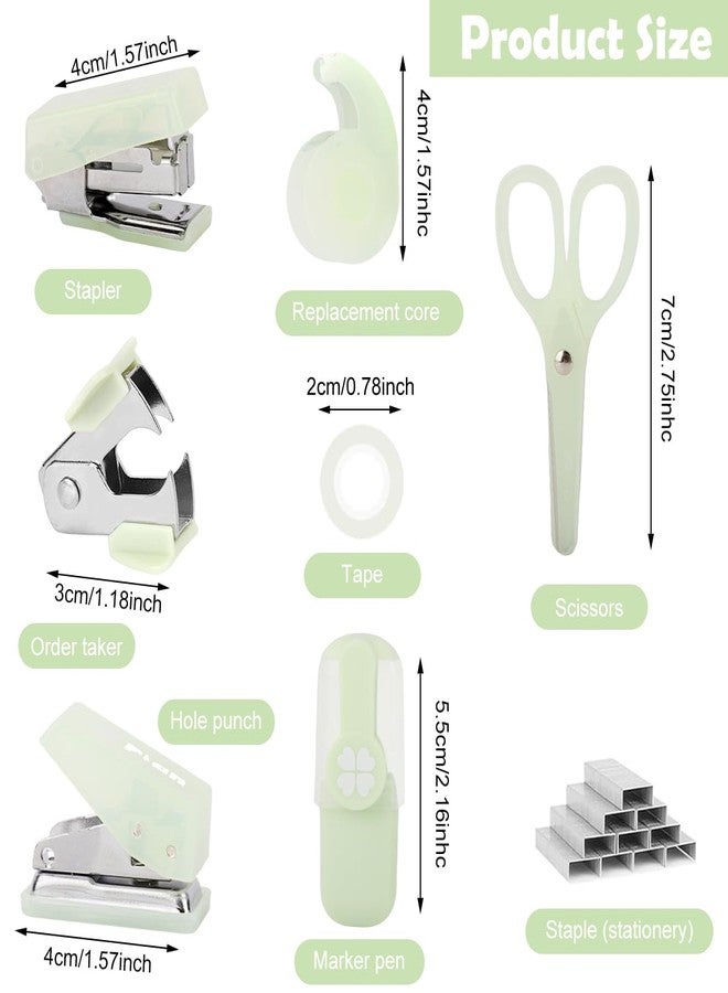 OFIFO® 8 Pcs Stationery Set with Stapler, Scissor, Tape Cutter, Hole Punch, Highlighter, Tapes, Cute Stationery Items Kit for Office School Supplies (Green) - Image 2