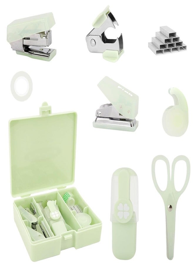 OFIFO® 8 Pcs Stationery Set with Stapler, Scissor, Tape Cutter, Hole Punch, Highlighter, Tapes, Cute Stationery Items Kit for Office School Supplies (Green) - Image 1