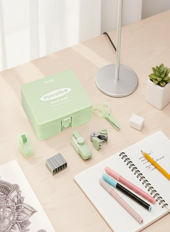 OFIFO® 8 Pcs Stationery Set with Stapler, Scissor, Tape Cutter, Hole Punch, Highlighter, Tapes, Cute Stationery Items Kit for Office School Supplies (Green) - Image 5