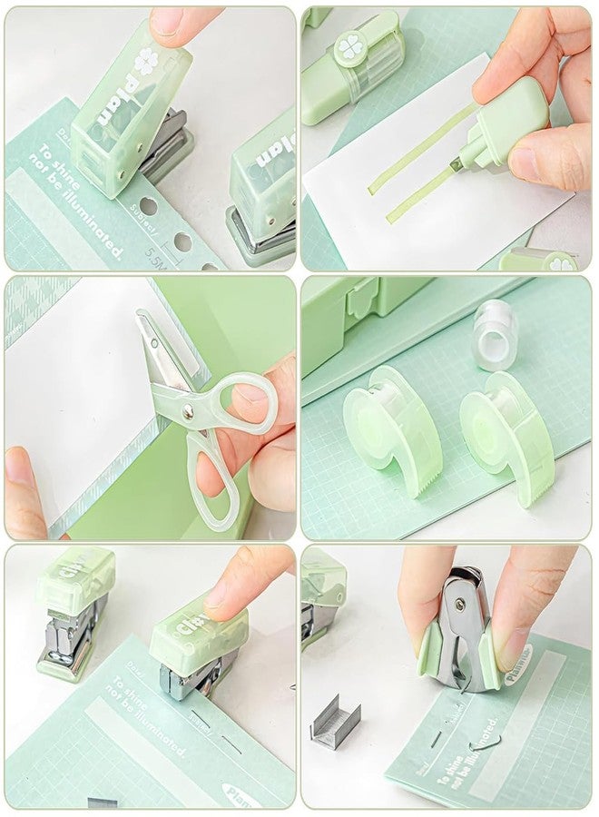 OFIFO® 8 Pcs Stationery Set with Stapler, Scissor, Tape Cutter, Hole Punch, Highlighter, Tapes, Cute Stationery Items Kit for Office School Supplies (Green) - Image 3