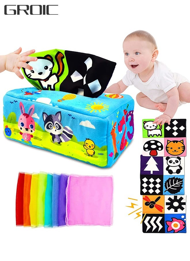 GROIC Baby Tissue Box Toys,Soft Montessori Toys for Babies,Infant Newborn Toddlers Sensory Toys Baby Magic Tissue Box,Early Learning Toys, Crinkle Toys  - Image 1