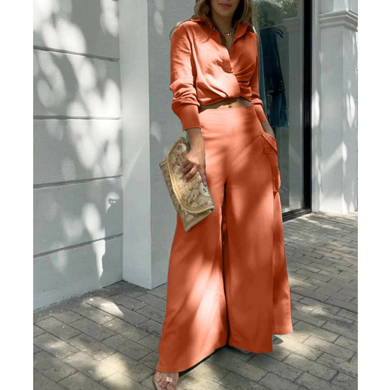 Women's Casual 2-Piece Tracksuit Set with Long Sleeve Blouse and High Waist Wide Leg Pants - Image 2