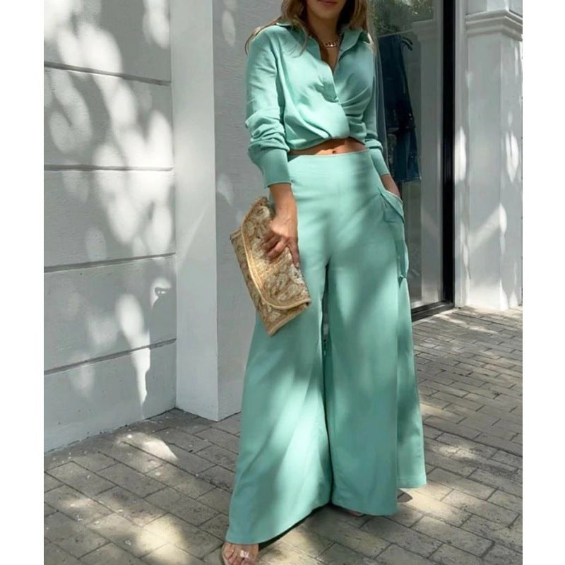Women's Casual 2-Piece Tracksuit Set with Long Sleeve Blouse and High Waist Wide Leg Pants - Image 4