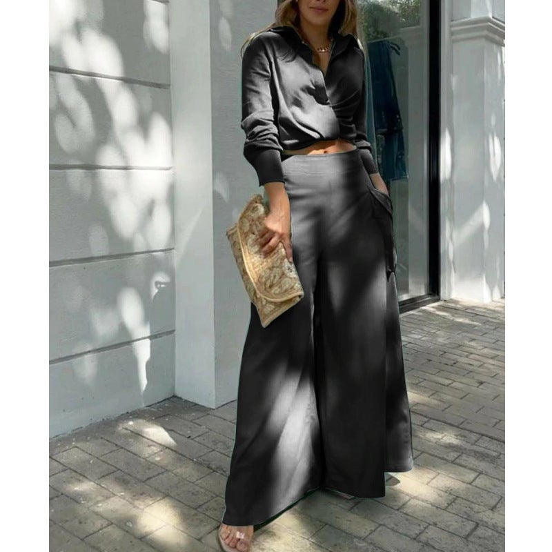 Women's Casual 2-Piece Tracksuit Set with Long Sleeve Blouse and High Waist Wide Leg Pants - Image 3