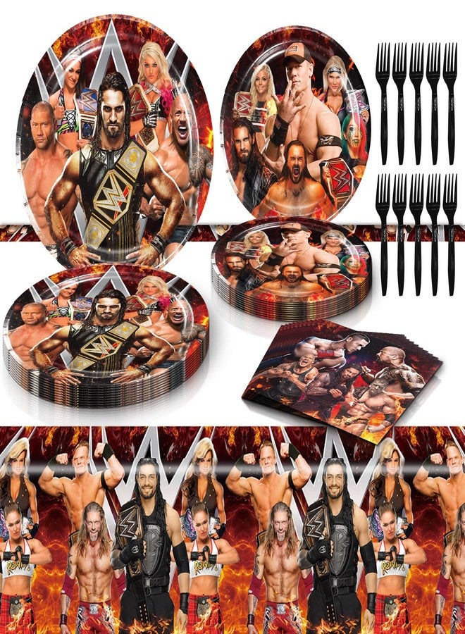 PINUO Wrestling Birthday Party Tableware Set - Includes Wrestling Theme Tablecloth, Plates, Napkins, Forks for Boxing Party Decorations - Image 1