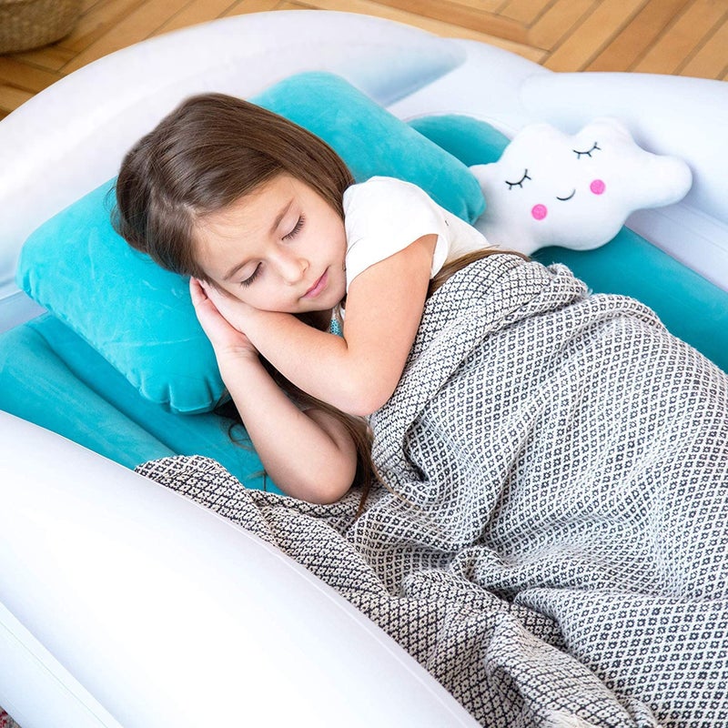 Sleepah Inflatable Toddler Travel Bed Portable Kids Air Mattress Set w Safety Bed Rail Guards for Kids & Toddlers â€“ Set Includes Pump, Carry Case, Pillow & More - Perfect Transitional Cot Aqua - Image 4