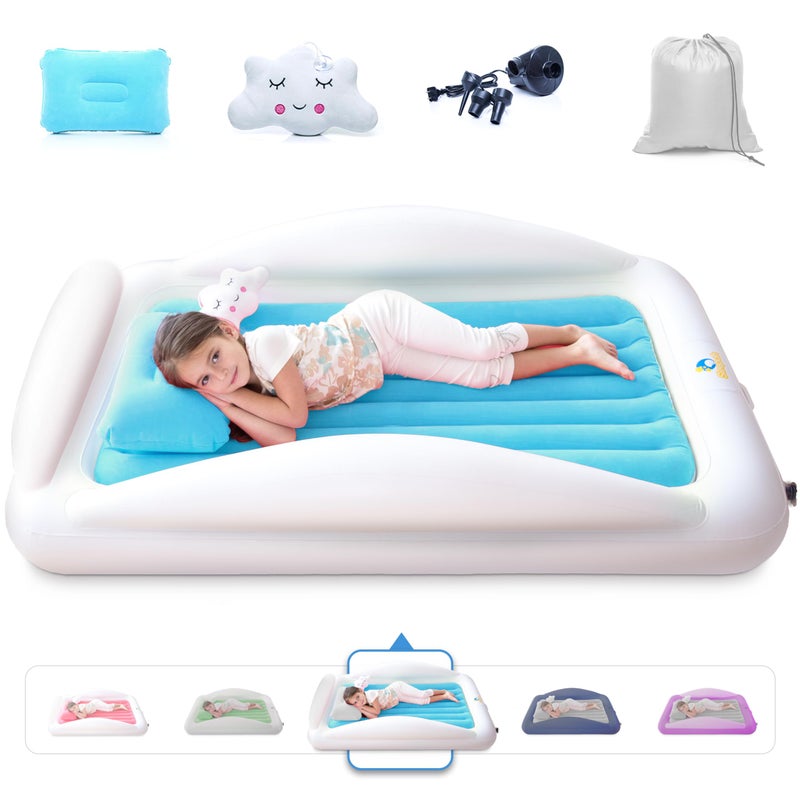 Sleepah Inflatable Toddler Travel Bed Portable Kids Air Mattress Set w Safety Bed Rail Guards for Kids & Toddlers â€“ Set Includes Pump, Carry Case, Pillow & More - Perfect Transitional Cot Aqua - Image 1