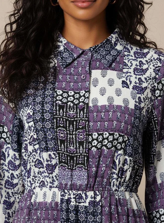 Splash FAV  Midi Shirt Dress with Floral Print for Women | Best Price UAE
