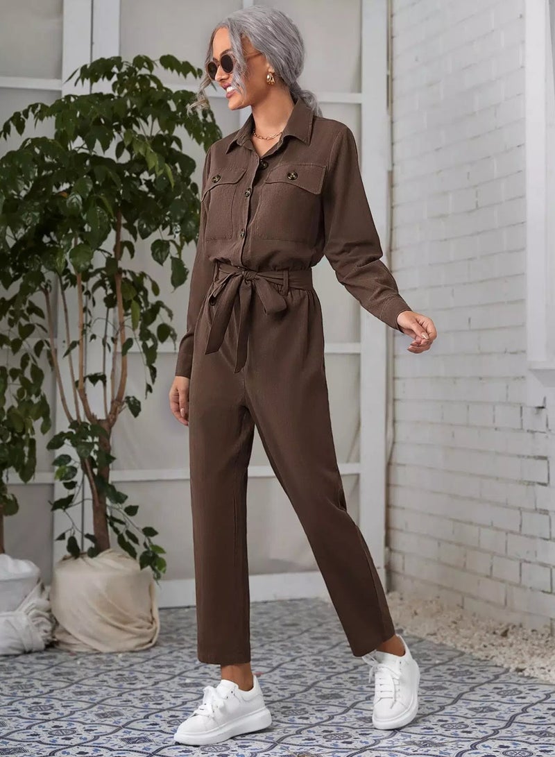 Flap Pocket Belted Shirt Jumpsuit - Image 1