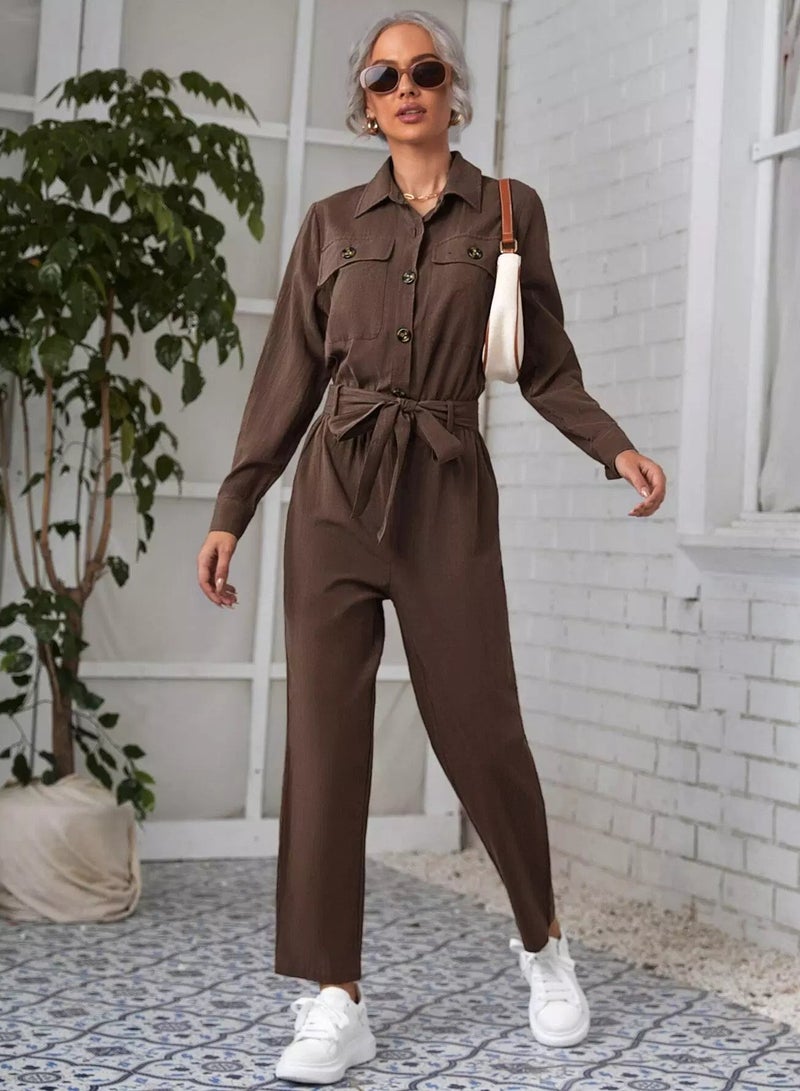 Flap Pocket Belted Shirt Jumpsuit - Image 5