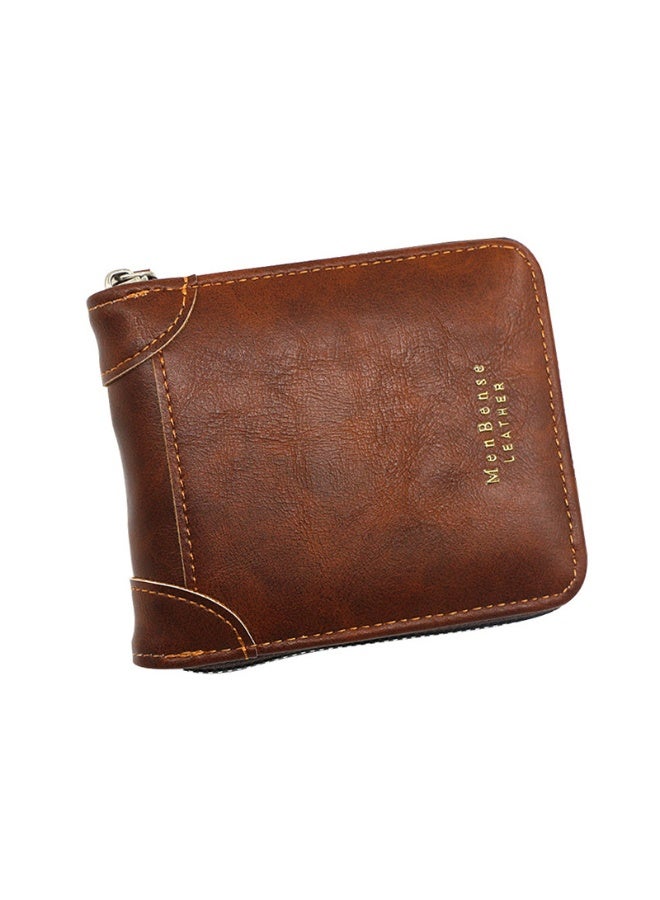 MenBense Genuine Leather Wallet for Men Classic Brown Zippered Coin Purse with Vintage Texture Slim Design for Daily Use - Image 1