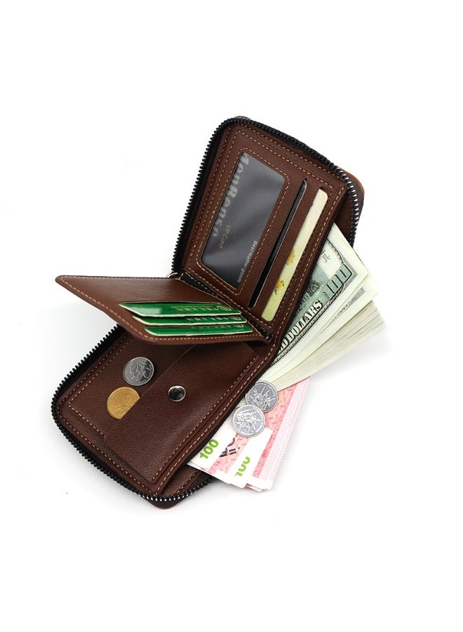 MenBense Genuine Leather Wallet for Men Classic Brown Zippered Coin Purse with Vintage Texture Slim Design for Daily Use - Image 3
