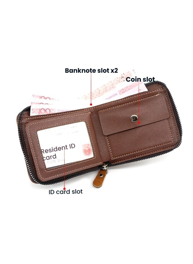MenBense Genuine Leather Wallet for Men Classic Brown Zippered Coin Purse with Vintage Texture Slim Design for Daily Use - Image 2