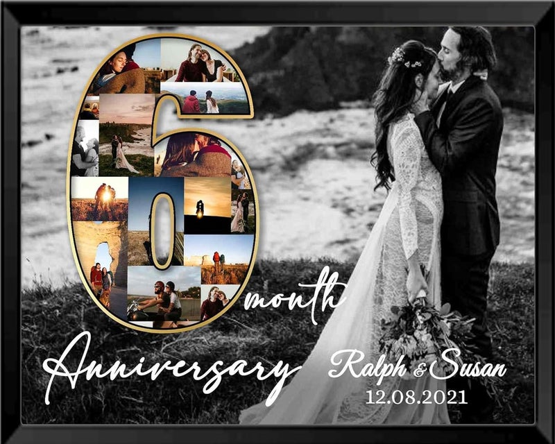 Custom Heart Beat 6 Month Anniversary Gift, Custom Number Photo Collage, Framed Poster, (8 x 12 Inch) - Image 1