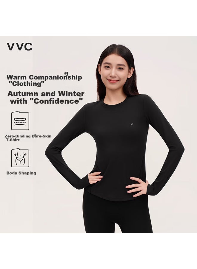 Vvc Women's Long Sleeve Slim Fit Round Neck Base Shirt, High Elastic Soft Fabric, Low Collar, Outerwear And Innerwear, Starry Black 539 M