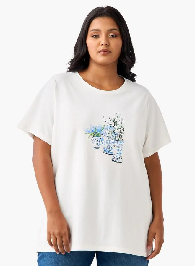 Ulla Popken Plus Size Ulla Popken Printed T-shirt with Short Sleeves and Round Neck