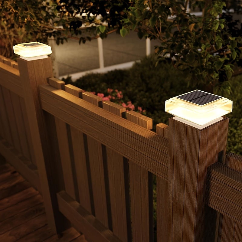 Solar Deck Lights 2 Pack With LED Outdoor Fence Post Cap Lights Crystal Embellished Spotlight With Light Sensor Polished Finish Portable Semi Flush Mount Nickel Battery Powered Warm Light For Villa Courtyard Garden Balcony Landscape White Shell Deck Lights - Image 4