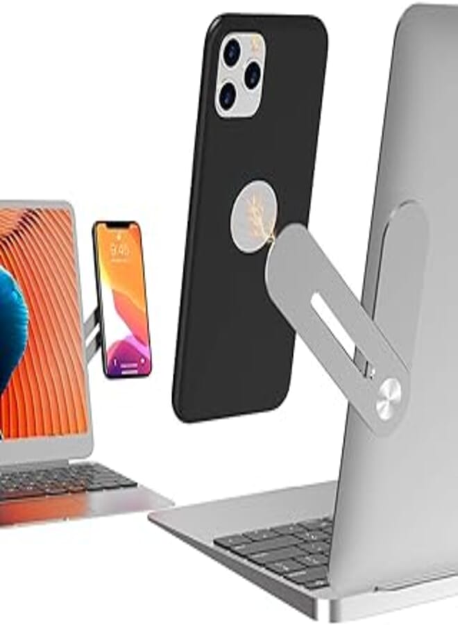 DK177 Laptop Phone Holder, Laptop or Desktop Monitor Side Mount Phone Holder, Slim Portable Foldable Smartphone Stand, Computer Monitor Expansion Bracket, Compatible with Any Phone, Silver