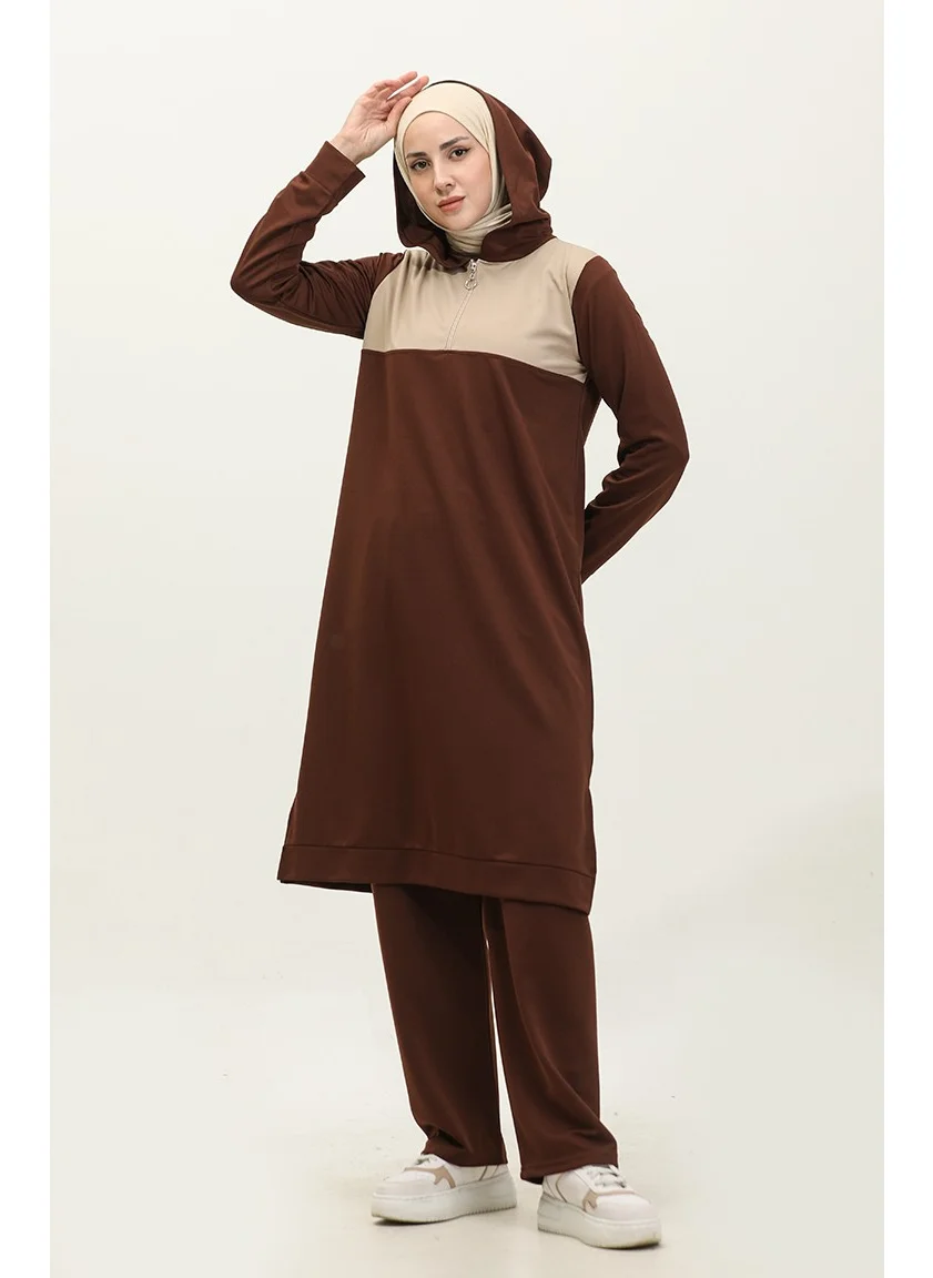 Sefa Merve Hooded Zippered Two Piece Suit 3021-03 Brown