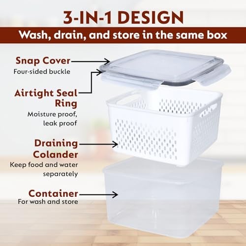 Eloxee Refrigerator Storage Box with Lid – Fridge Fresh Kitchen Organizer for Vegetables & Fruits – Multifunctional Drain Basket – Airtight Polypropylene (PP Container, 4) - Image 3