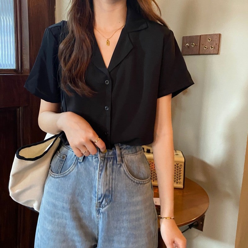 Women'S Korean Style Suit Collar Short Sleeve Top Elegant Thin Summer And Autumn Wear Solid Color All-Match Shirt - Image 1