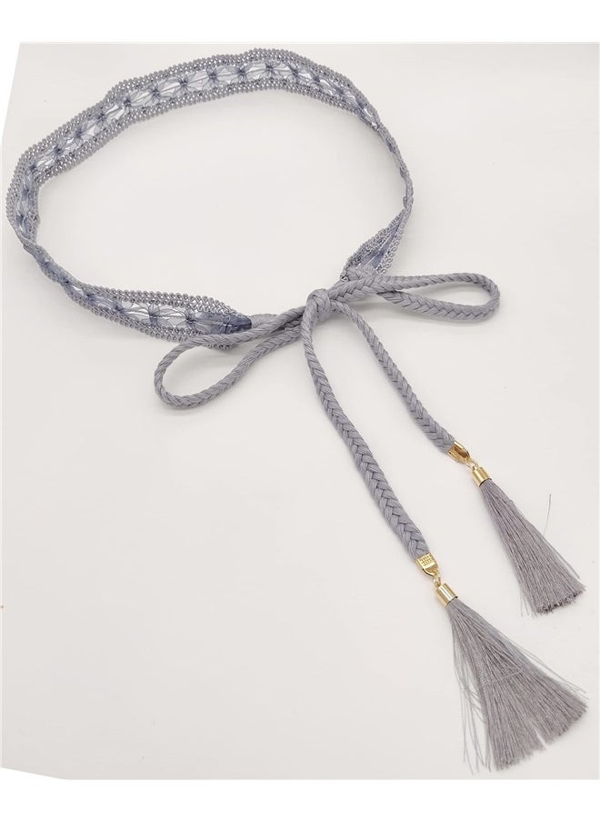 Generic Women Girls Braided Knotted Waist Belt Skinny Mixed Color Rope Exotic Chain Tassel for Dress Skirt- Grey  - Image 4