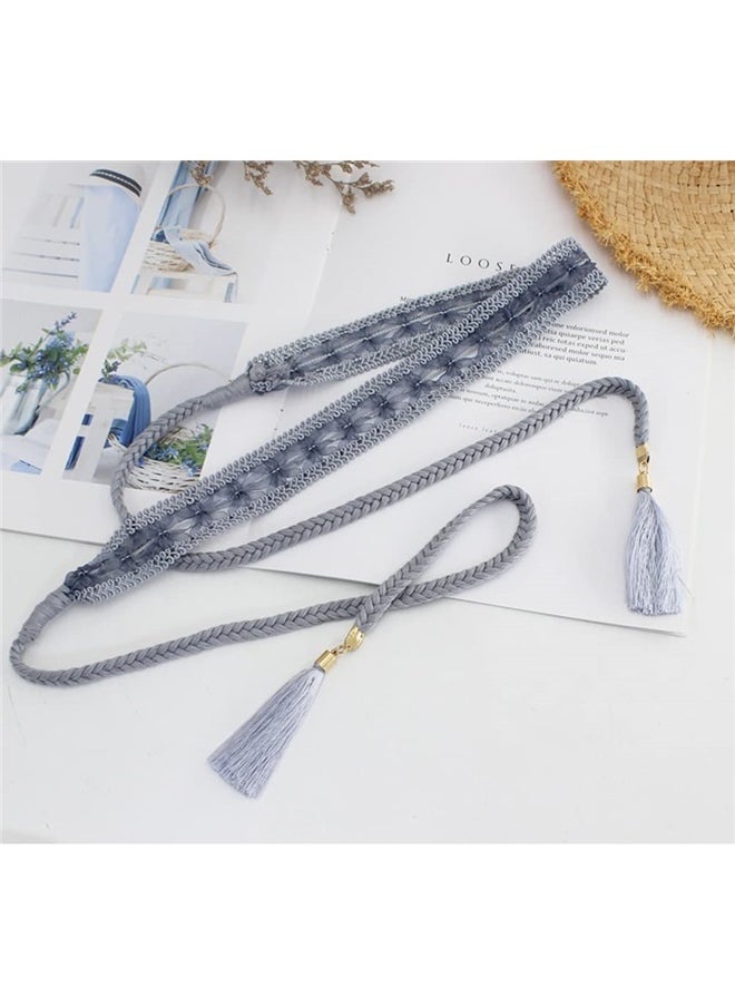 Generic Women Girls Braided Knotted Waist Belt Skinny Mixed Color Rope Exotic Chain Tassel for Dress Skirt- Grey  - Image 3
