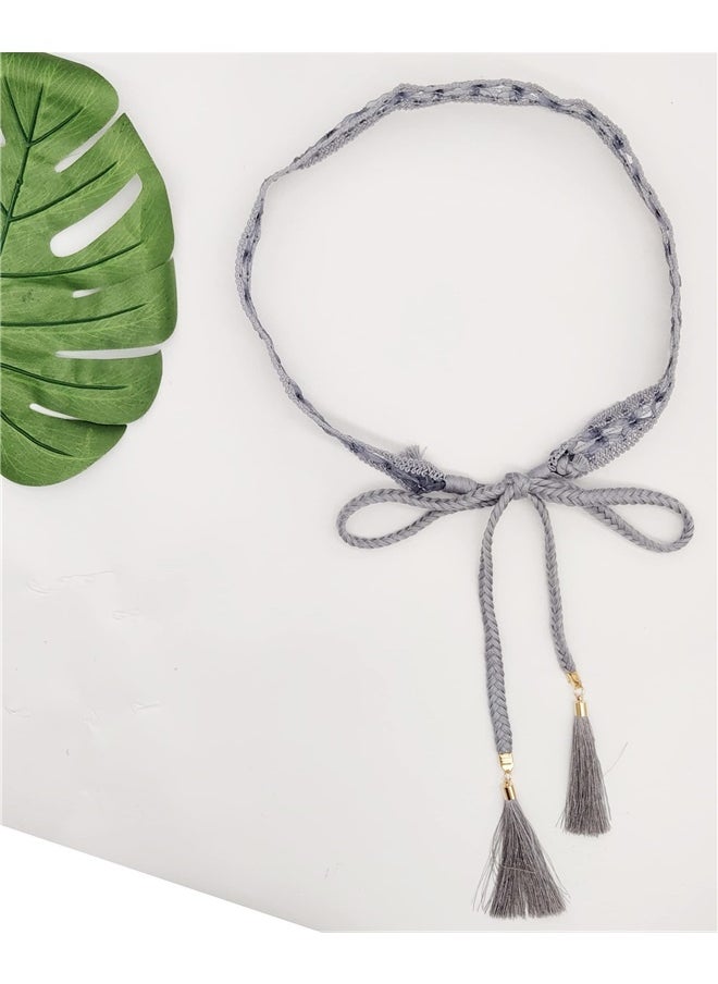 Generic Women Girls Braided Knotted Waist Belt Skinny Mixed Color Rope Exotic Chain Tassel for Dress Skirt- Grey  - Image 2