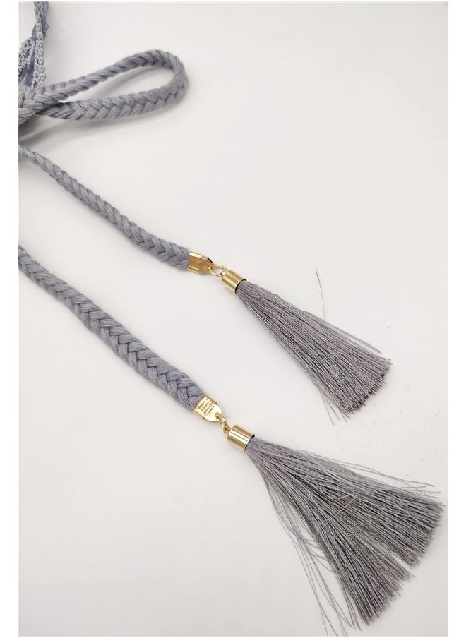 Generic Women Girls Braided Knotted Waist Belt Skinny Mixed Color Rope Exotic Chain Tassel for Dress Skirt- Grey  - Image 5