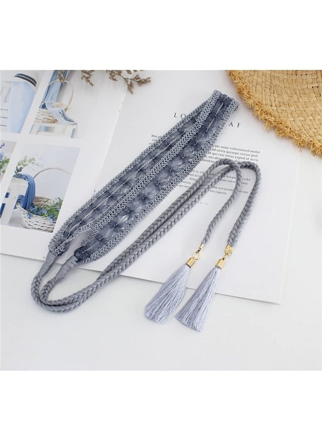 Generic Women Girls Braided Knotted Waist Belt Skinny Mixed Color Rope Exotic Chain Tassel for Dress Skirt- Grey  - Image 1