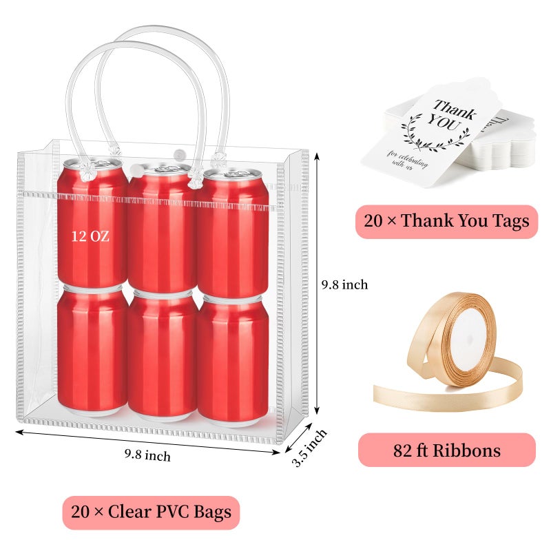 Mauproy 20 Pack Clear Plastic Gift Bags with Handles, Party Favor Bags with Ribbons and Tags, Reusable Goodie Tote Bags for Mother's Day Wedding Baby Shower (9.8â€ x 9.8â€ x 3.5") - Image 2
