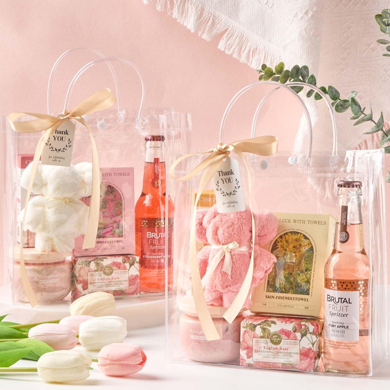 Mauproy 20 Pack Clear Plastic Gift Bags with Handles, Party Favor Bags with Ribbons and Tags, Reusable Goodie Tote Bags for Mother's Day Wedding Baby Shower (9.8â€ x 9.8â€ x 3.5") - Image 4