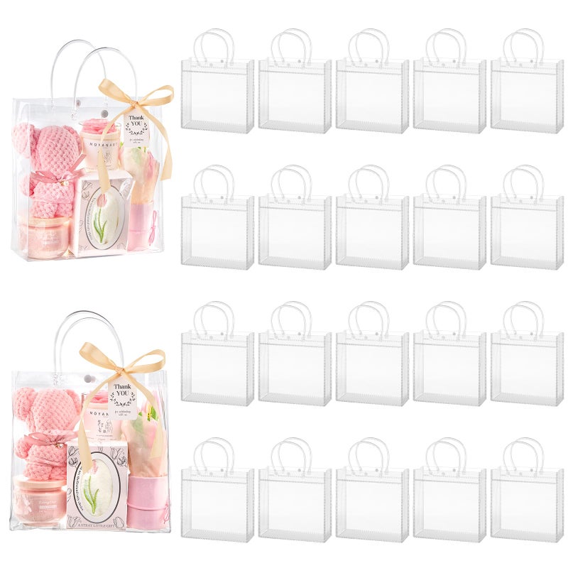 Mauproy 20 Pack Clear Plastic Gift Bags with Handles, Party Favor Bags with Ribbons and Tags, Reusable Goodie Tote Bags for Mother's Day Wedding Baby Shower (9.8â€ x 9.8â€ x 3.5") - Image 1
