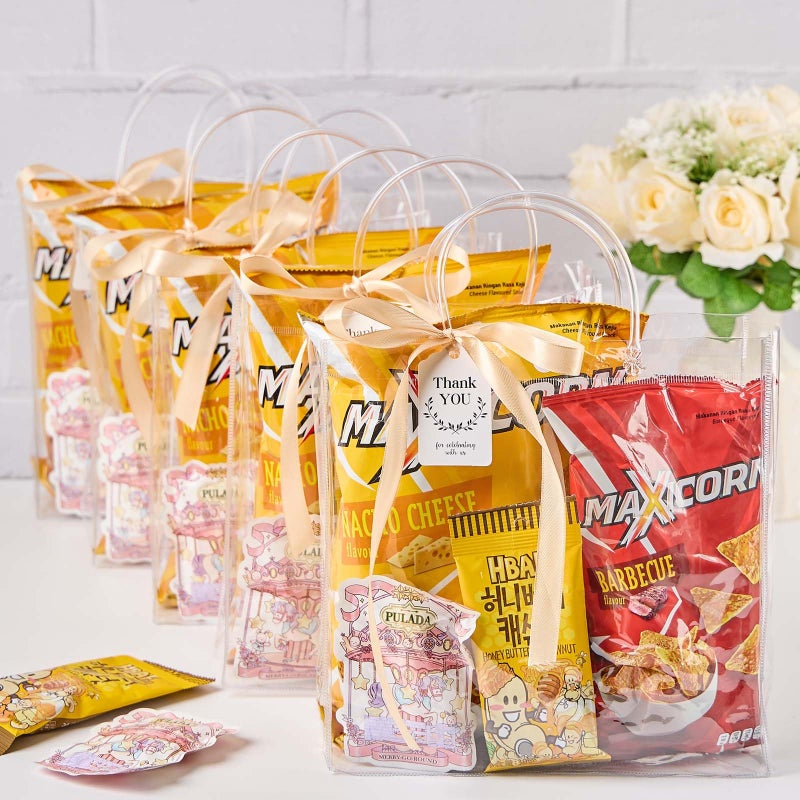 Mauproy 20 Pack Clear Plastic Gift Bags with Handles, Party Favor Bags with Ribbons and Tags, Reusable Goodie Tote Bags for Mother's Day Wedding Baby Shower (9.8â€ x 9.8â€ x 3.5") - Image 5