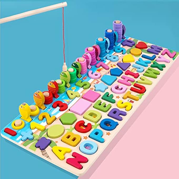 WOODENNUMBER SHAPE PUZZLE SORTING GAME FOR KIDS AGES 2 TO 5, ALPHABET MATH FISHING BLOCK STACKING TOY - Image 4
